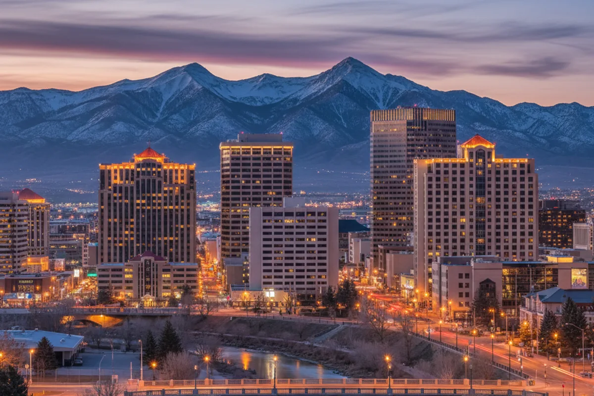 Reno Nevada downtown with the Sierra Nevada mountains